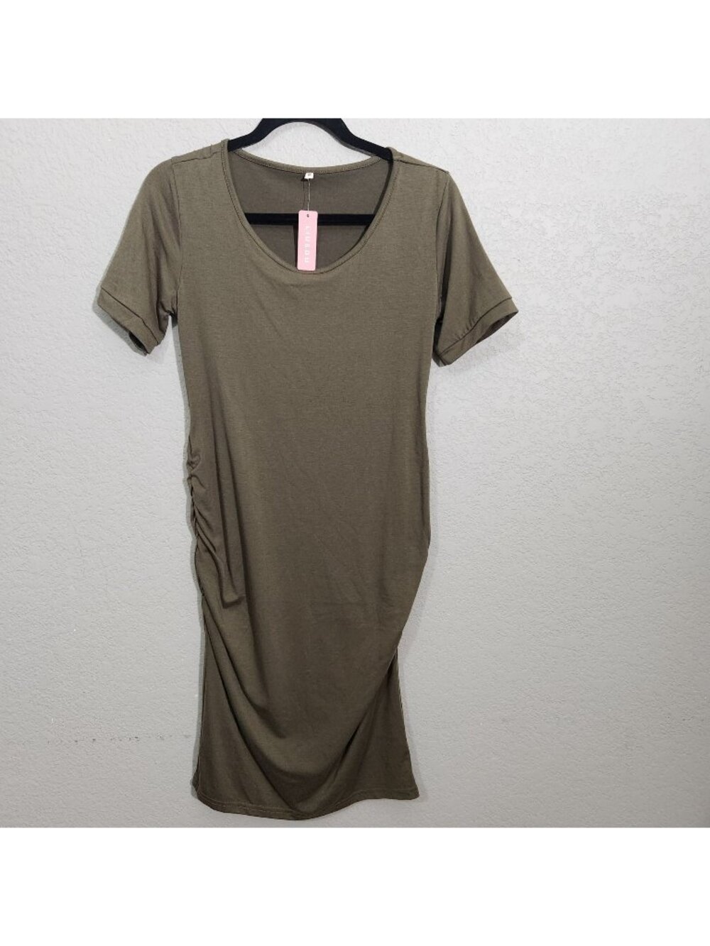 Liu & Qu Dress Olive Green Midi Ruched T-Shirt Short Sleeves Size Medium